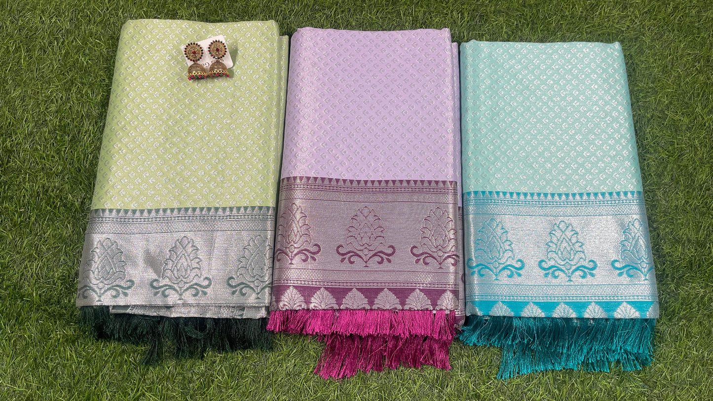 Fancy Silk Saree – Lavender & Purple with Silver Zari Flower Border, Contrast Blouse & Pallu (MC25FS001)