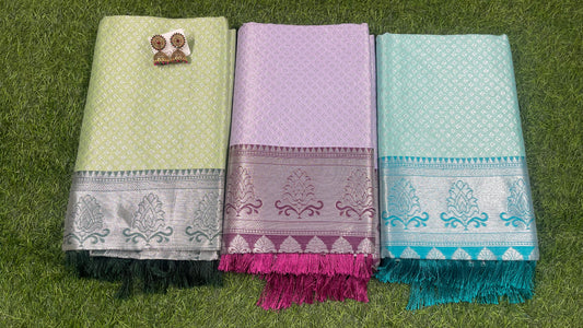 Fancy Silk Saree – Lavender & Purple with Silver Zari Flower Border, Contrast Blouse & Pallu (MC25FS001)