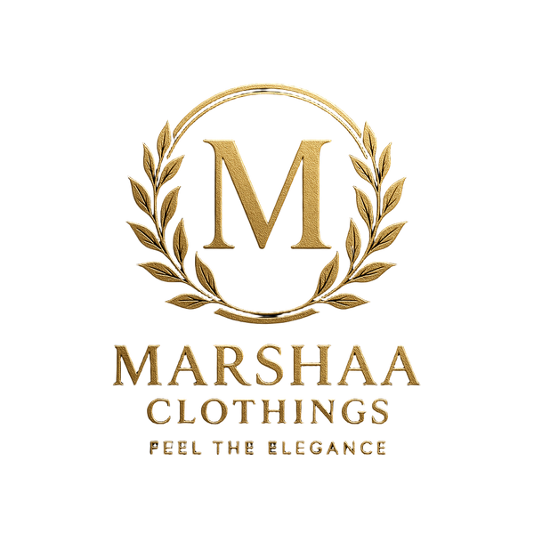 Gold logo of MARSHAA CLOTHING on a black background